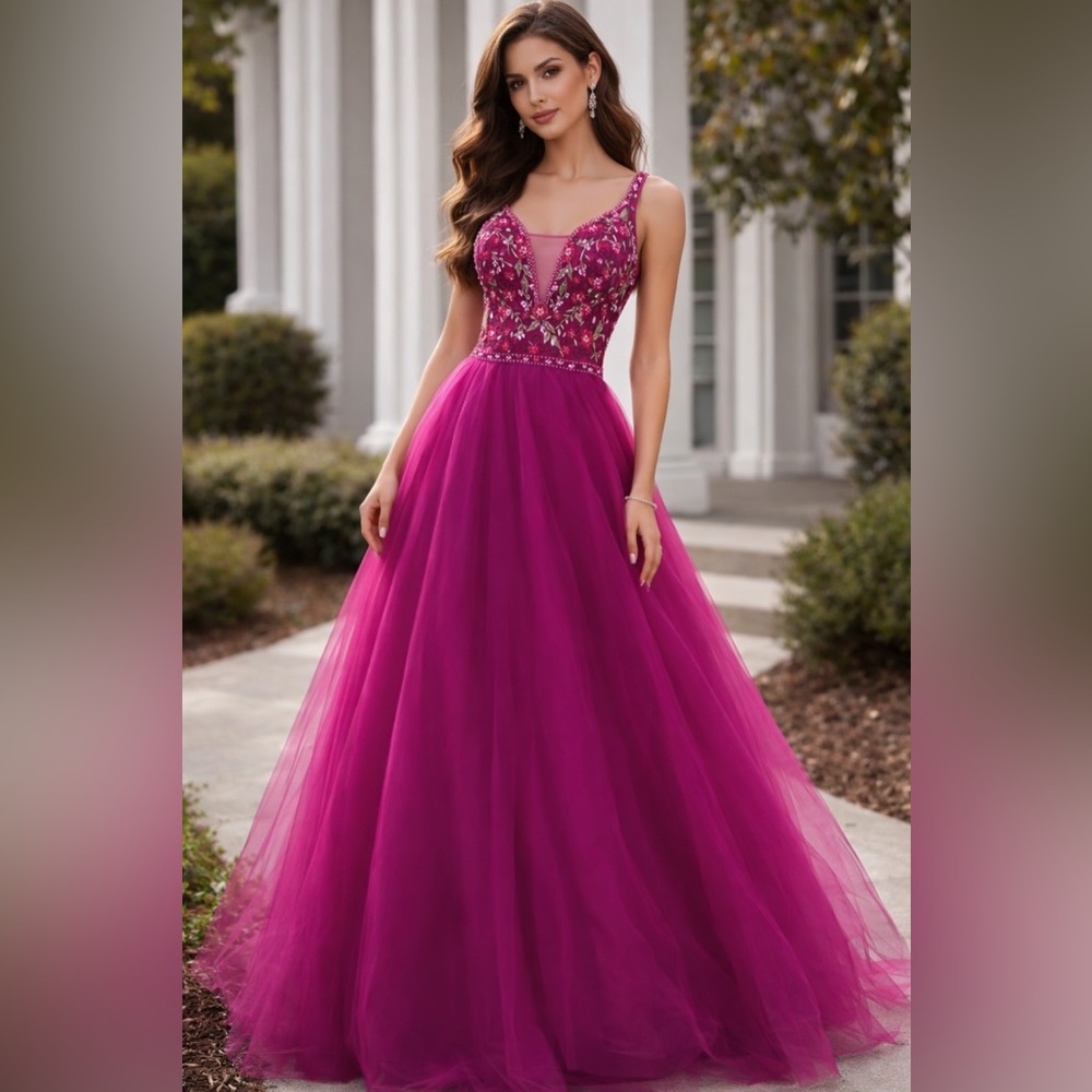 NWT V-Neck Ball Gown Tulle Quinceañera / Prom Dress – Magenta Floral Embroidery